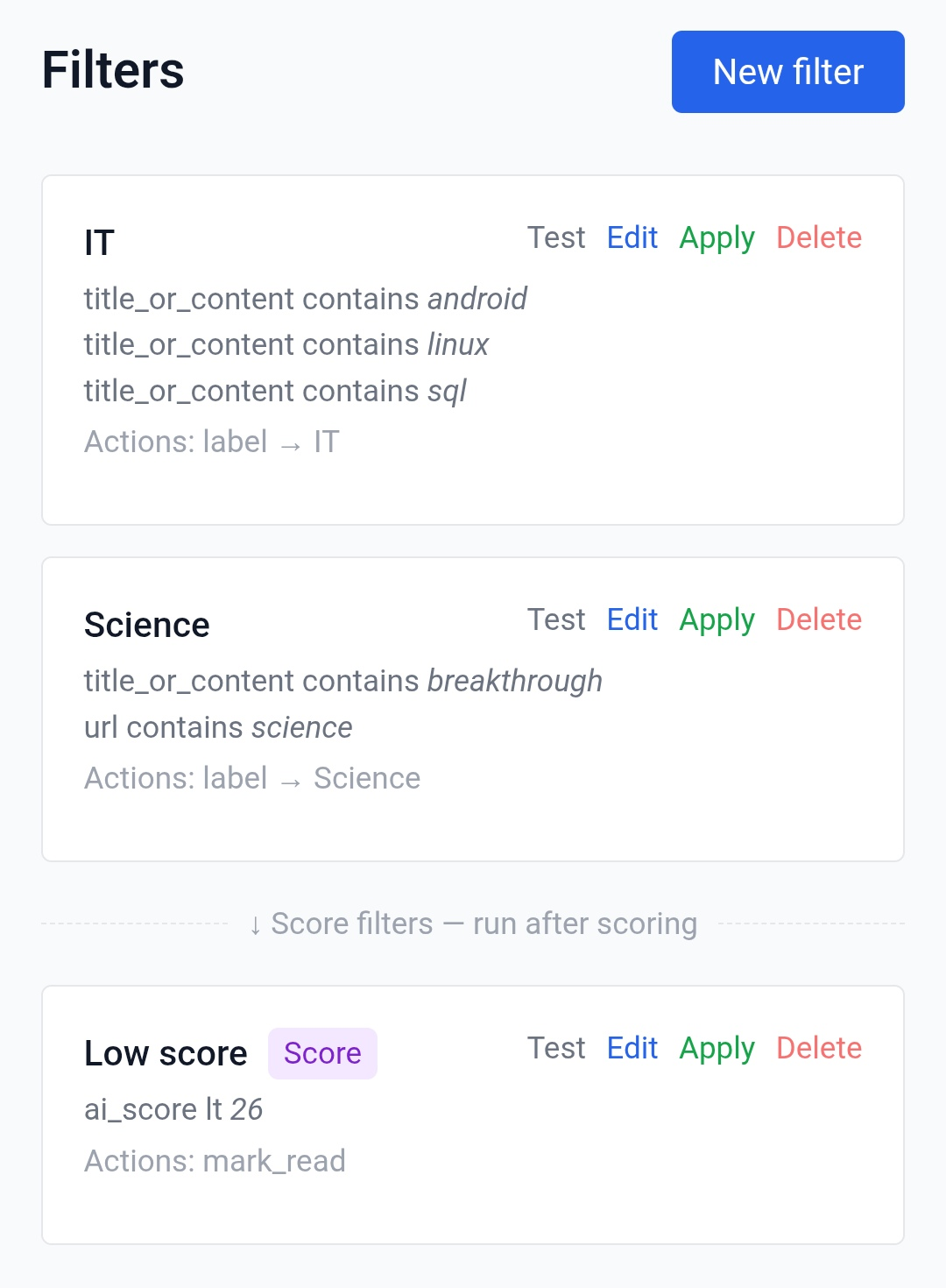 Filters and rules on mobile